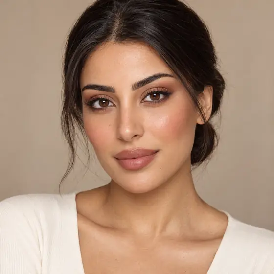 Model with light-medium, olive skin